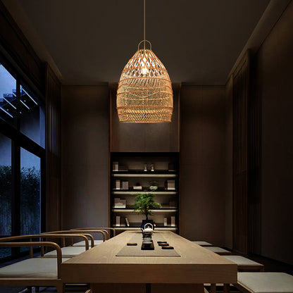 Asian Style Elongated Suspension Lighting Rattan 1��Head Restaurant Pendant Ceiling Light in Wood Wood Clearhalo 'Ceiling Lights' 'Pendant Lights' 'Pendants' Lighting' 2245712_23136b15-e4e9-4ec8-a8ad-b9d81a7d8c21