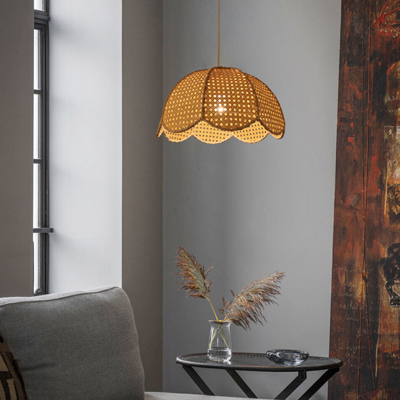 Rattan Scalloped Dome Suspension Light Simplicity 1-Light Wood Pendant Light Fixture Clearhalo 'Ceiling Lights' 'Pendant Lights' 'Pendants' Lighting' 2245732