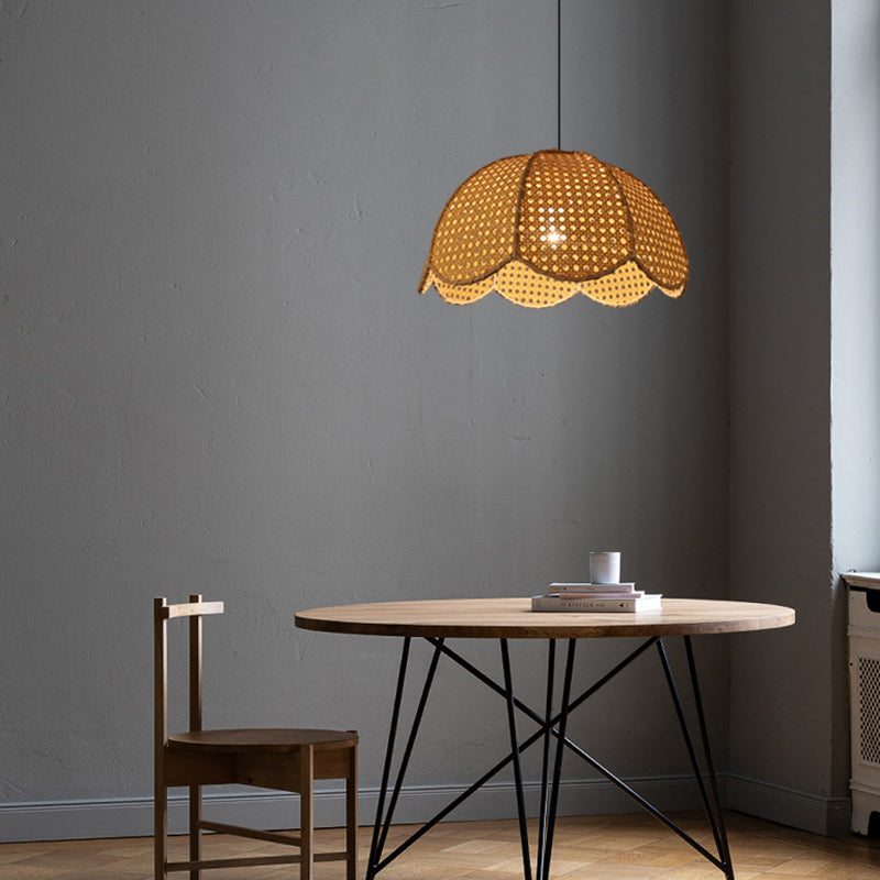 Rattan Scalloped Dome Suspension Light Simplicity 1-Light Wood Pendant Light Fixture Clearhalo 'Ceiling Lights' 'Pendant Lights' 'Pendants' Lighting' 2245733