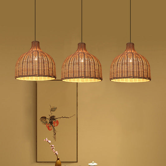 Rattan Bell Shaded Pendant Light Contemporary Single-Bulb Wood Suspension Lighting Fixture Wood