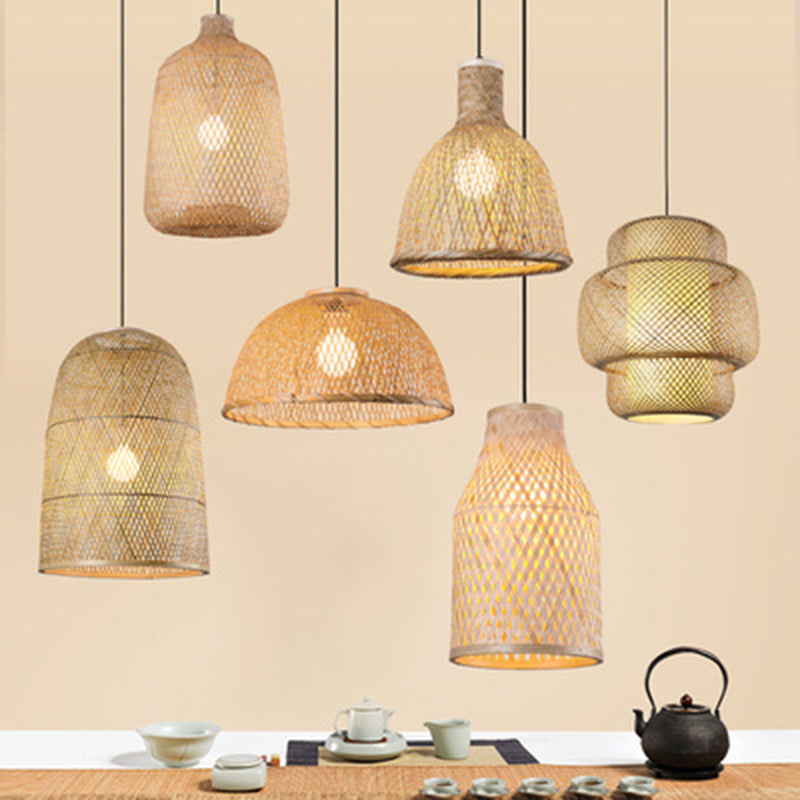 Wood Woven Suspension Lighting Minimalist Single Bamboo Pendant Ceiling Light for Restaurant Clearhalo 'Ceiling Lights' 'Pendant Lights' 'Pendants' Lighting' 2245786