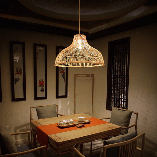 Pot Lid Rattan Suspension Light Simplicity 1-Light Wood Pendant Light for Tea Room Clearhalo 'Ceiling Lights' 'Pendant Lights' 'Pendants' Lighting' 2245890