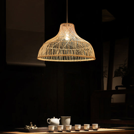 Hat Shape Pendant Light Contemporary Rattan Single-Bulb Tea Room Suspension Light in Wood Clearhalo 'Ceiling Lights' 'Pendant Lights' 'Pendants' Lighting' 2245892