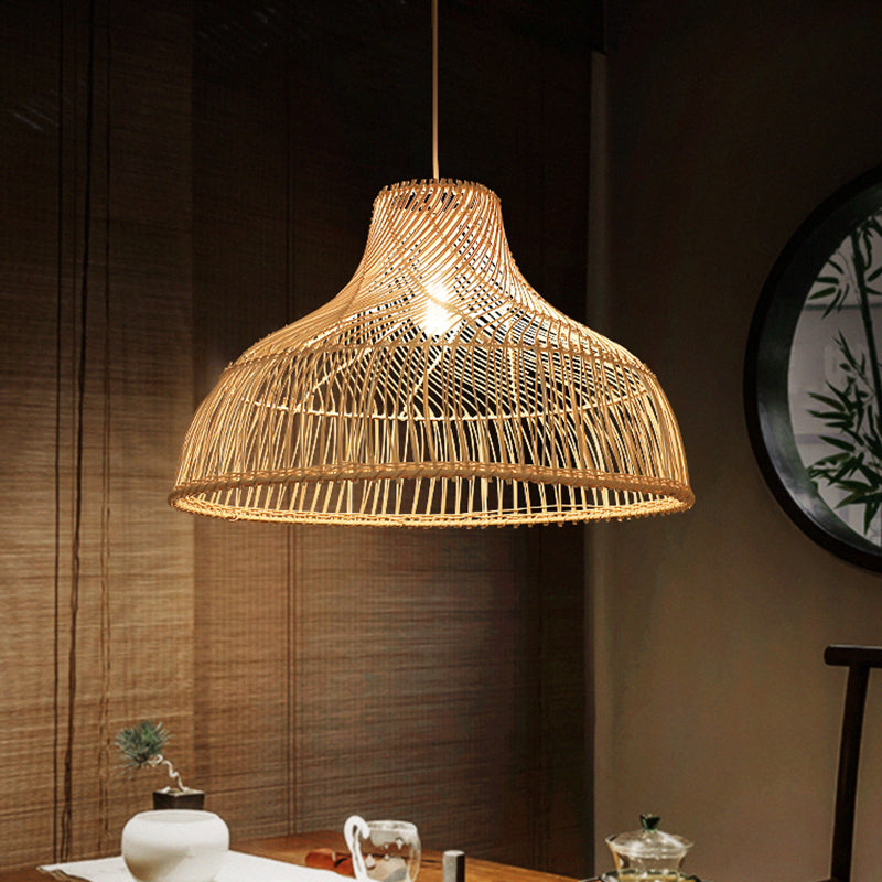 Hat Shape Pendant Light Contemporary Rattan Single-Bulb Tea Room Suspension Light in Wood Clearhalo 'Ceiling Lights' 'Pendant Lights' 'Pendants' Lighting' 2245894