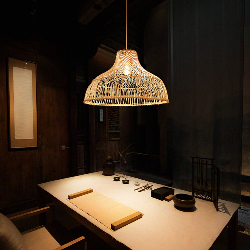 Hat Shape Pendant Light Contemporary Rattan Single-Bulb Tea Room Suspension Light in Wood Clearhalo 'Ceiling Lights' 'Pendant Lights' 'Pendants' Lighting' 2245895