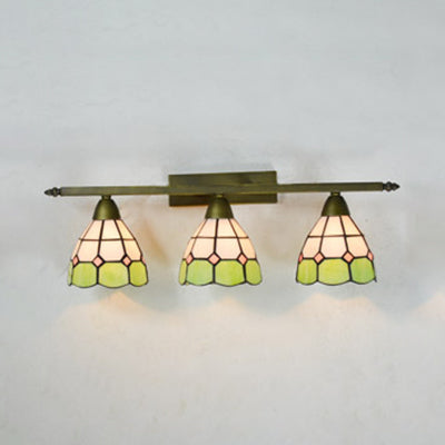 Yellow/Pink/Green/Blue Dome Wall Sconce Lamp Vintage Tiffany 3 Lights Wall Mount Light in Brass for Bathroom Green Clearhalo 'Industrial' 'Middle century wall lights' 'Tiffany wall lights' 'Tiffany' 'Wall Lamps & Sconces' 'Wall Lights' Lighting' 22458