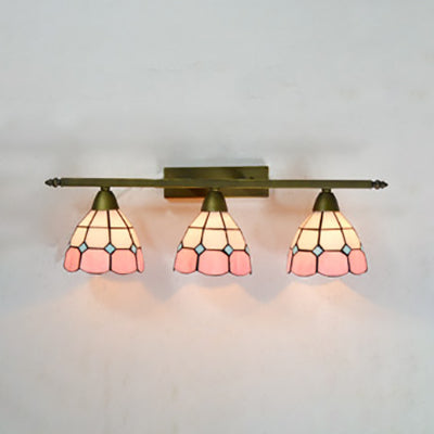 Yellow/Pink/Green/Blue Dome Wall Sconce Lamp Vintage Tiffany 3 Lights Wall Mount Light in Brass for Bathroom Pink Clearhalo 'Industrial' 'Middle century wall lights' 'Tiffany wall lights' 'Tiffany' 'Wall Lamps & Sconces' 'Wall Lights' Lighting' 22460