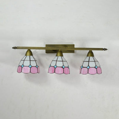 Yellow/Pink/Green/Blue Dome Wall Sconce Lamp Vintage Tiffany 3 Lights Wall Mount Light in Brass for Bathroom Clearhalo 'Industrial' 'Middle century wall lights' 'Tiffany wall lights' 'Tiffany' 'Wall Lamps & Sconces' 'Wall Lights' Lighting' 22461