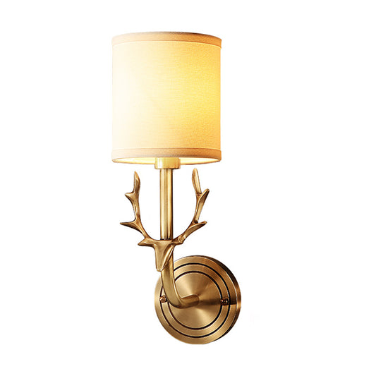 Cylindrical Fabric Wall Light Fixture Vintage Corridor Wall Mounted Lamp with Antler Decor Clearhalo 'Wall Lamps & Sconces' 'Wall Lights' Lighting' 2246111