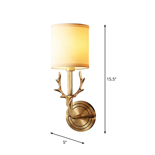 Cylindrical Fabric Wall Light Fixture Vintage Corridor Wall Mounted Lamp with Antler Decor Clearhalo 'Wall Lamps & Sconces' 'Wall Lights' Lighting' 2246112