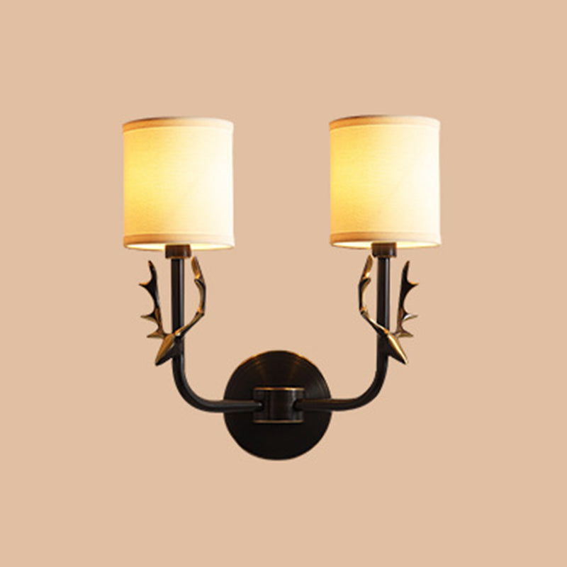 Cylindrical Fabric Wall Light Fixture Vintage Corridor Wall Mounted Lamp with Antler Decor 2.0 Black Clearhalo 'Wall Lamps & Sconces' 'Wall Lights' Lighting' 2246113