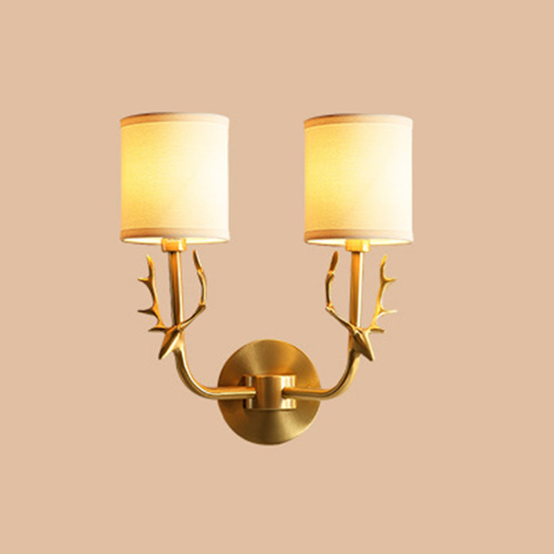 Cylindrical Fabric Wall Light Fixture Vintage Corridor Wall Mounted Lamp with Antler Decor 2.0 Brass Clearhalo 'Wall Lamps & Sconces' 'Wall Lights' Lighting' 2246114