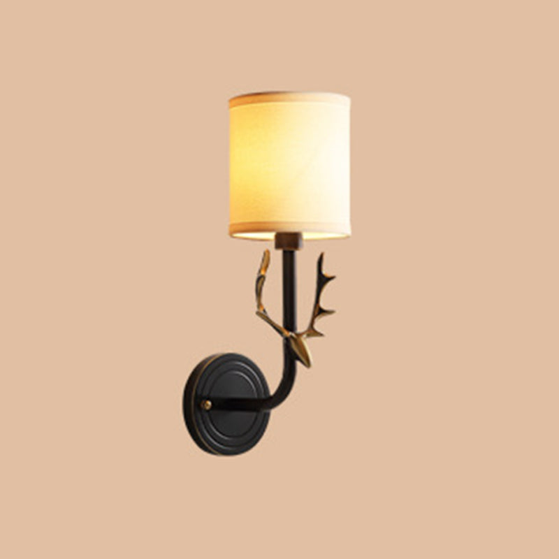 Cylindrical Fabric Wall Light Fixture Vintage Corridor Wall Mounted Lamp with Antler Decor 1.0 Black Clearhalo 'Wall Lamps & Sconces' 'Wall Lights' Lighting' 2246115