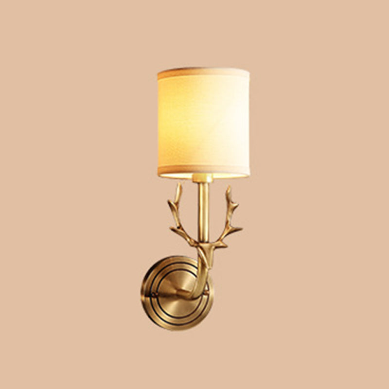 Cylindrical Fabric Wall Light Fixture Vintage Corridor Wall Mounted Lamp with Antler Decor 1.0 Brass Clearhalo 'Wall Lamps & Sconces' 'Wall Lights' Lighting' 2246116