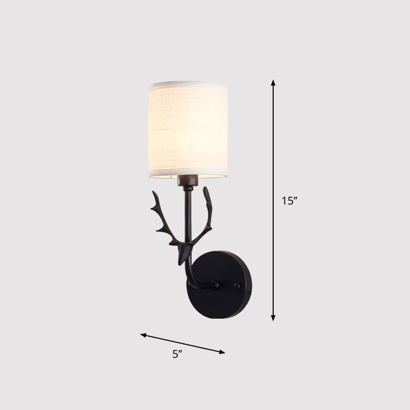 Fabric Cylinder Wall Mount Light Minimalism 1-Light Living Room Wall Lighting with Deer Accent Black Clearhalo 'Wall Lamps & Sconces' 'Wall Lights' Lighting' 2246121