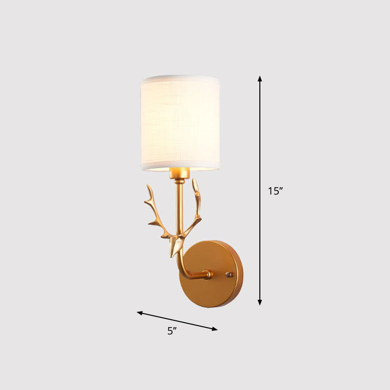 Fabric Cylinder Wall Mount Light Minimalism 1-Light Living Room Wall Lighting with Deer Accent Gold Clearhalo 'Wall Lamps & Sconces' 'Wall Lights' Lighting' 2246123