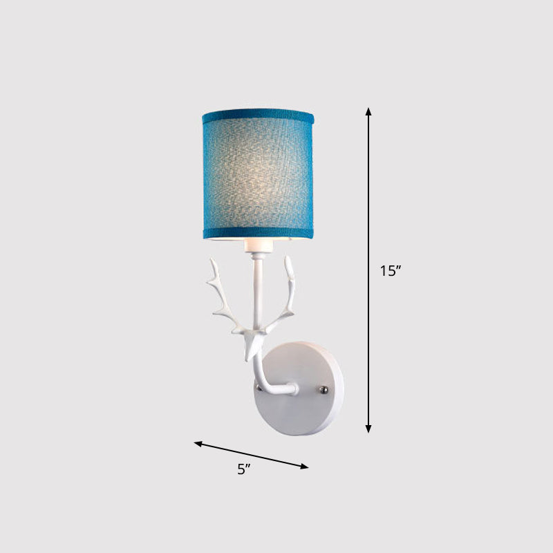 Fabric Cylinder Wall Mount Light Minimalism 1-Light Living Room Wall Lighting with Deer Accent Blue Clearhalo 'Wall Lamps & Sconces' 'Wall Lights' Lighting' 2246124