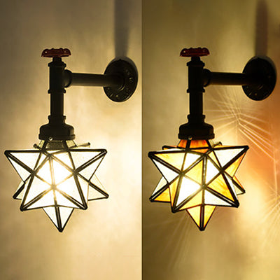Star Wall Lighting Stained Glass 1 Head Tiffany Rustic Wall Mount Light in Brown/Clear for Restaurant Clearhalo 'Industrial' 'Middle century wall lights' 'Tiffany wall lights' 'Tiffany' 'Wall Lamps & Sconces' 'Wall Lights' Lighting' 22462