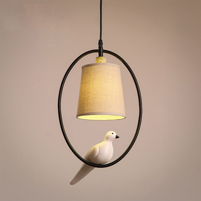 Vintage Bucket Ceiling Light Fabric Hanging Pendant Light with Resin Bird Decor in White 1 White Clearhalo 'Ceiling Lights' 'Pendant Lights' 'Pendants' Lighting' 2246200_32aa8cb4-30fa-4744-87a8-80b354d1ff88