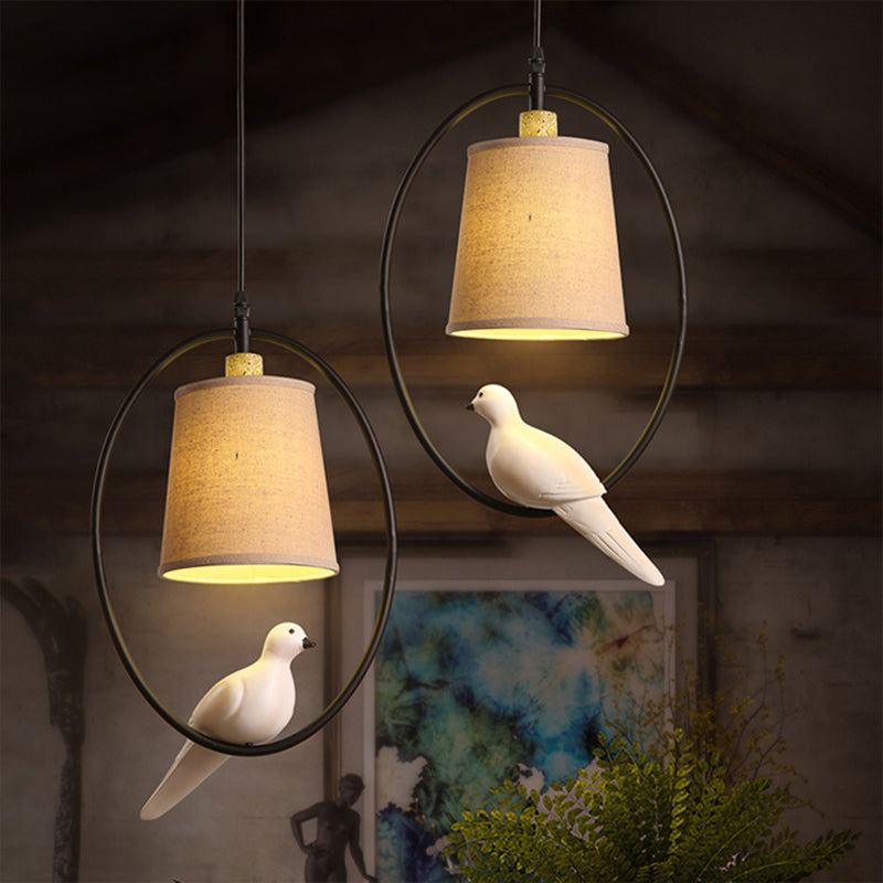 Vintage Bucket Ceiling Light Fabric Hanging Pendant Light with Resin Bird Decor in White 2 White Clearhalo 'Ceiling Lights' 'Pendant Lights' 'Pendants' Lighting' 2246201_0892bcc9-c6ea-4ad9-8a8e-92484f754048