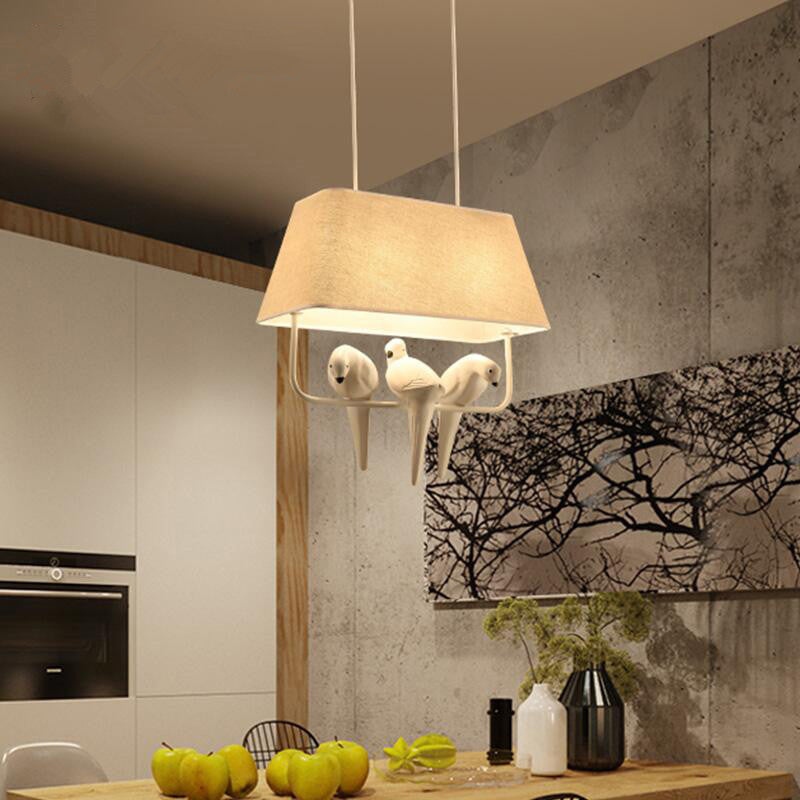 Trapezoid Fabric Pendant Light Traditional Dining Room Suspension Light Fixture with Resin Bird in Beige Clearhalo 'Ceiling Lights' 'Pendant Lights' 'Pendants' Lighting' 2246205