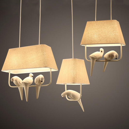 Trapezoid Fabric Pendant Light Traditional Dining Room Suspension Light Fixture with Resin Bird in Beige Clearhalo 'Ceiling Lights' 'Pendant Lights' 'Pendants' Lighting' 2246206