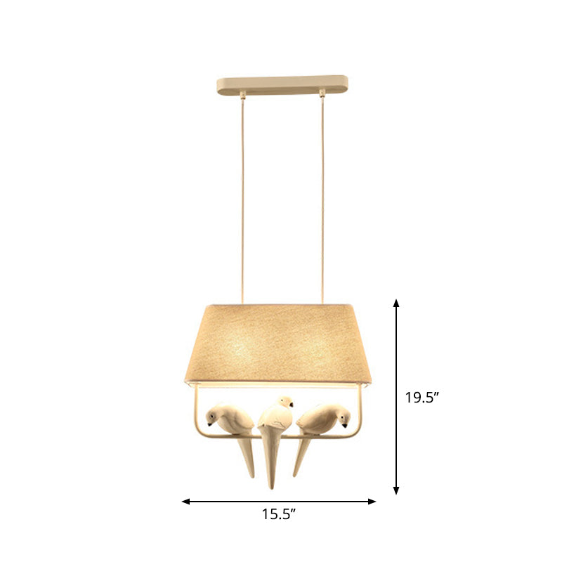 Trapezoid Fabric Pendant Light Traditional Dining Room Suspension Light Fixture with Resin Bird in Beige 3 Beige Clearhalo 'Ceiling Lights' 'Pendant Lights' 'Pendants' Lighting' 2246208_9ef32f37-694c-4256-96f8-576af1a3824b