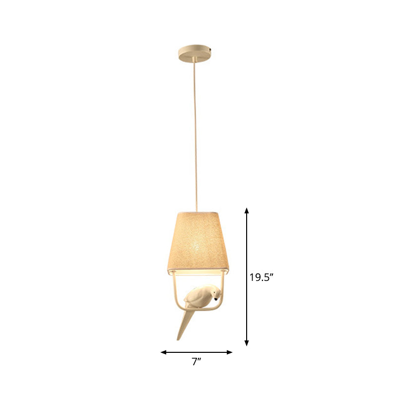 Trapezoid Fabric Pendant Light Traditional Dining Room Suspension Light Fixture with Resin Bird in Beige Clearhalo 'Ceiling Lights' 'Pendant Lights' 'Pendants' Lighting' 2246210