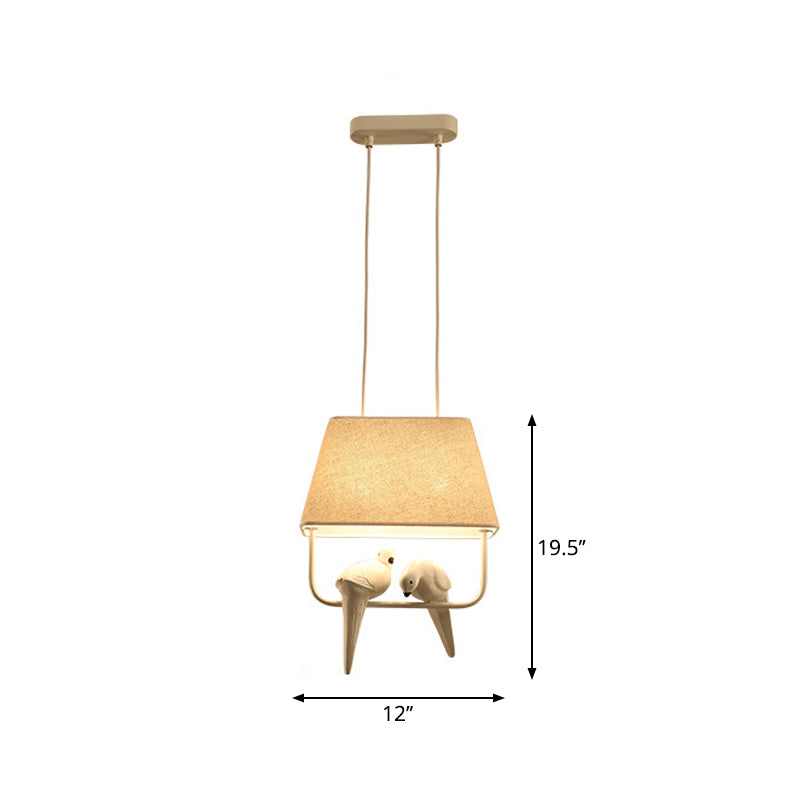 Trapezoid Fabric Pendant Light Traditional Dining Room Suspension Light Fixture with Resin Bird in Beige 2 Beige Clearhalo 'Ceiling Lights' 'Pendant Lights' 'Pendants' Lighting' 2246212_0de3d911-31b1-46c2-93bd-449d9d617d71