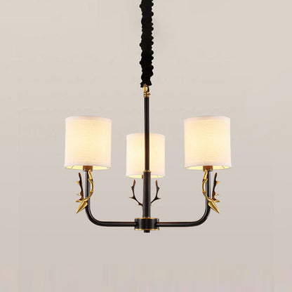 Cylindrical Fabric Chandelier Pendant Light Vintage Living Room Hanging Light with Deer Accent 3 Black Clearhalo 'Ceiling Lights' 'Chandeliers' Lighting' options 2246271_0c377b53-85fa-4eeb-abee-1c5fc4dbd28b