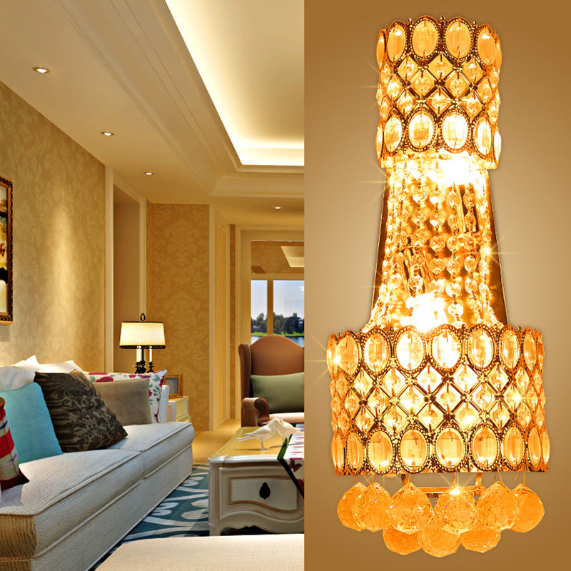 Beaded Wall Mount Light Vintage Metal 2 Bulbs Gold Wall Sconce with Cascading Clear Crystal Accents for Hallway - Gold - Clearhalo - 'Modern wall lights' - 'Modern' - 'Wall Lamps & Sconces' - 'Wall Lights' - Lighting' - 224628
