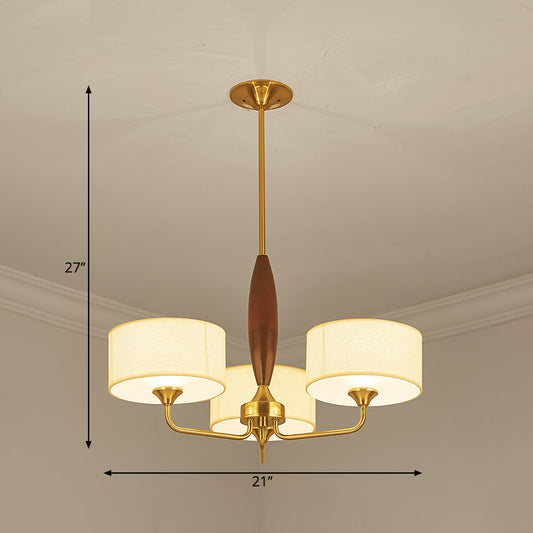 Fabric Drum Chandelier Light Minimalism Living Room Pendant Light Fixture in Brass 3 Brass