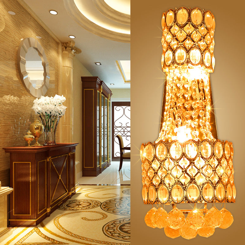Beaded Wall Mount Light Vintage Metal 2 Bulbs Gold Wall Sconce with Cascading Clear Crystal Accents for Hallway - Clearhalo - 'Modern wall lights' - 'Modern' - 'Wall Lamps & Sconces' - 'Wall Lights' - Lighting' - 224629