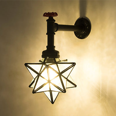 Star Wall Lighting Stained Glass 1 Head Tiffany Rustic Wall Mount Light in Brown/Clear for Restaurant Clearhalo 'Industrial' 'Middle century wall lights' 'Tiffany wall lights' 'Tiffany' 'Wall Lamps & Sconces' 'Wall Lights' Lighting' 22463