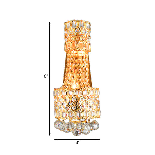 Beaded Wall Mount Light Vintage Metal 2 Bulbs Gold Wall Sconce with Cascading Clear Crystal Accents for Hallway Clearhalo 'Modern wall lights' 'Modern' 'Wall Lamps & Sconces' 'Wall Lights' Lighting' 224631