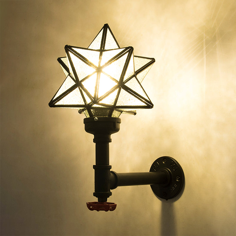 Star Wall Lighting Stained Glass 1 Head Tiffany Rustic Wall Mount Light in Brown/Clear for Restaurant Clearhalo 'Industrial' 'Middle century wall lights' 'Tiffany wall lights' 'Tiffany' 'Wall Lamps & Sconces' 'Wall Lights' Lighting' 22464