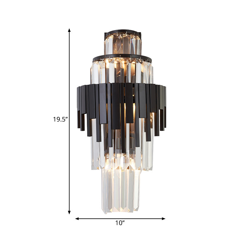 Tiered Sconce Lighting Fixture Modern Style Clear Crystal and Metal 3 Heads Black Wall Lamp, 14"/19.5" Height Clearhalo 'Modern wall lights' 'Modern' 'Wall Lamps & Sconces' 'Wall Lights' Lighting' 224640