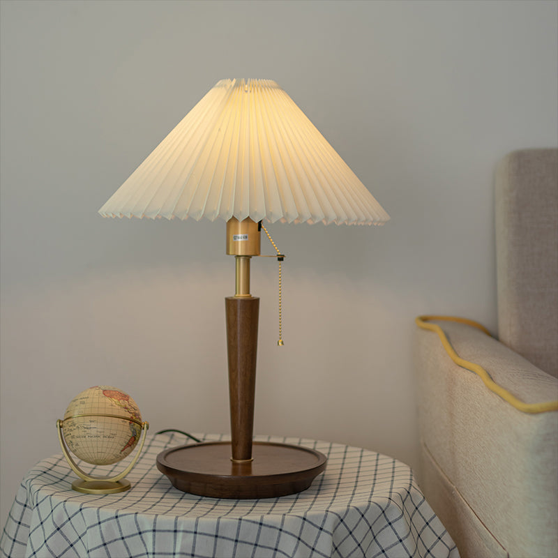 Cone Pleated Fabric Nightstand Lamp Minimalism 1-Light Living Room Table Light with Pull Chain in White Clearhalo 'Lamps' 'Table Lamps' Lighting' 2246420