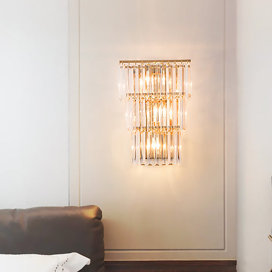 Gold Finish Layered Sconce Lighting Vintage Style 3 Lights Clear Crystal Wall Mount Light for Bedroom Clearhalo 'Modern wall lights' 'Modern' 'Wall Lamps & Sconces' 'Wall Lights' Lighting' 224642