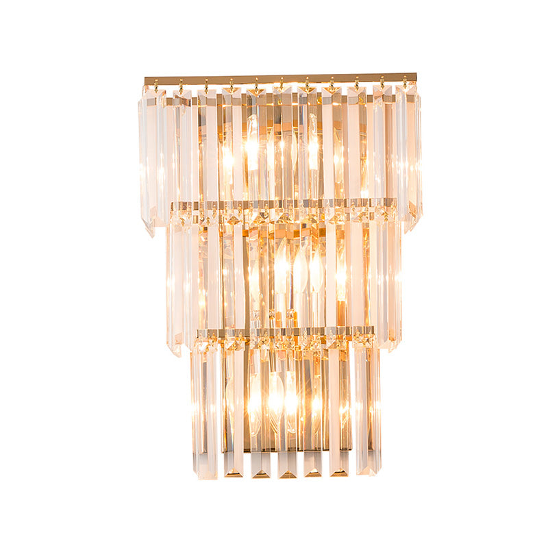 Gold Finish Layered Sconce Lighting Vintage Style 3 Lights Clear Crystal Wall Mount Light for Bedroom