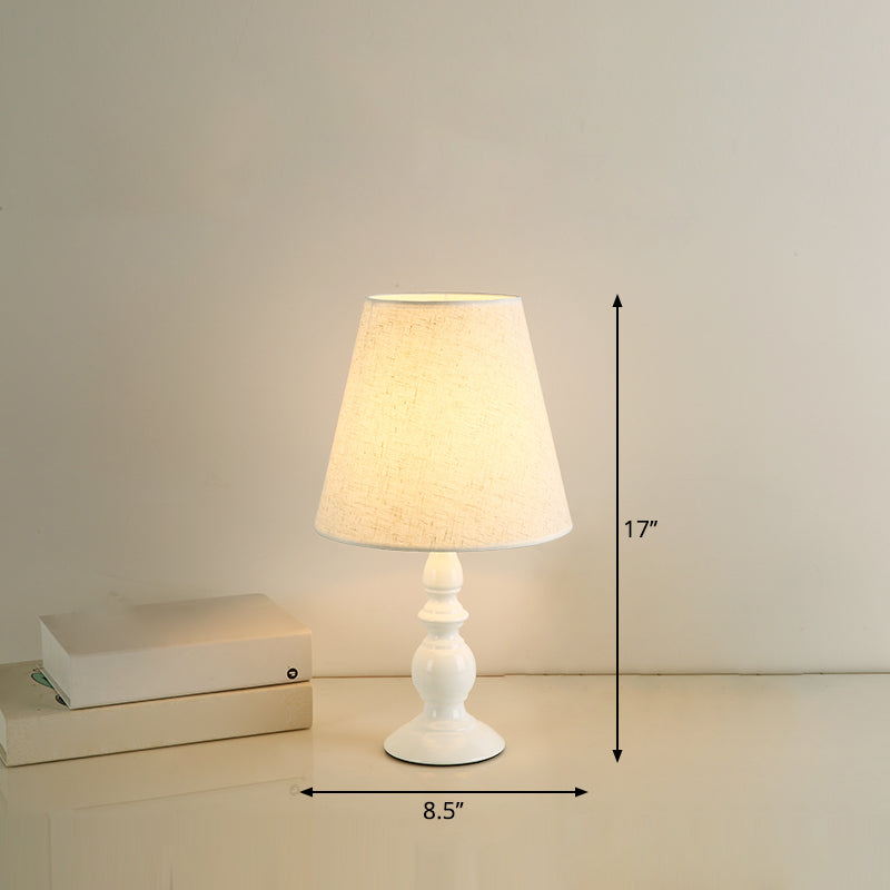 Baluster Iron Nightstand Lamp Minimalism 1-Light Bedside Table Light with Tapered Fabric Shade White 8.5" Clearhalo 'Lamps' 'Table Lamps' Lighting' 2246437