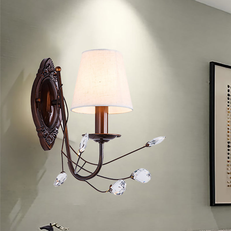 Conical Fabric Wall Sconce Modern Style 1/2-Light White Sconce Light Fixture with Clear Crystal Accent