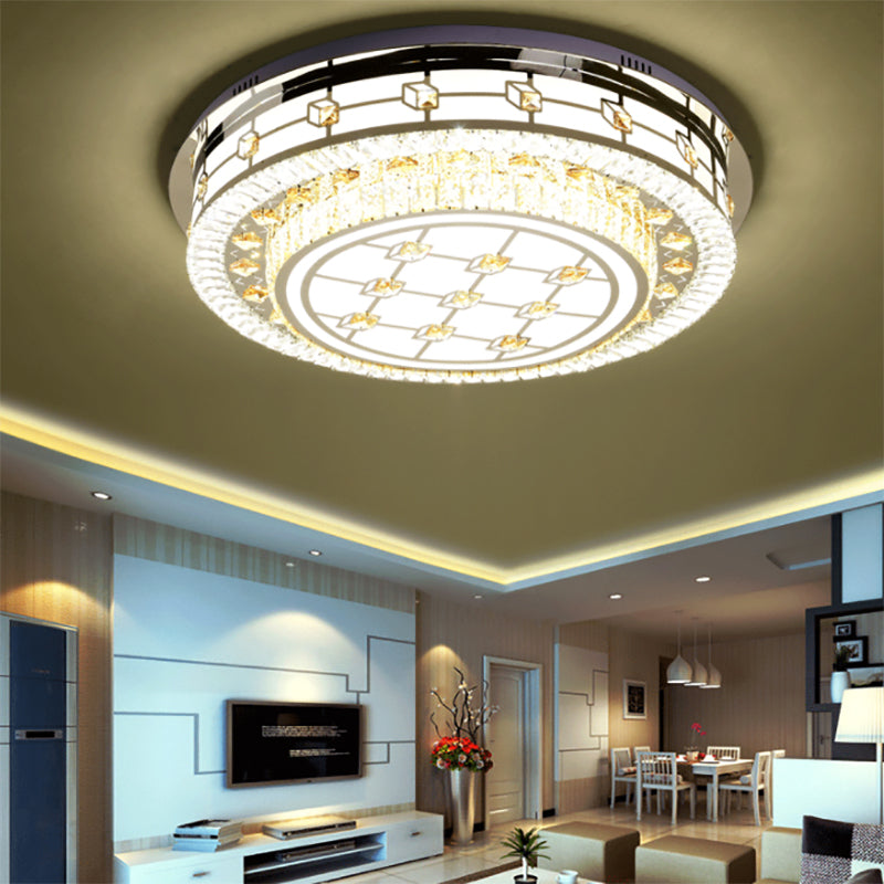23.5"/31.5" Dia Drum Crystal Ceiling Flush Mount Modernist LED Chrome Flushmount with Diffuser for Living Room Chrome 31.5" Clearhalo 'Ceiling Lights' 'Close To Ceiling Lights' 'Close to ceiling' 'Flush mount' Lighting' 224657