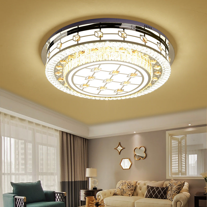 23.5"/31.5" Dia Drum Crystal Ceiling Flush Mount Modernist LED Chrome Flushmount with Diffuser for Living Room Clearhalo 'Ceiling Lights' 'Close To Ceiling Lights' 'Close to ceiling' 'Flush mount' Lighting' 224658