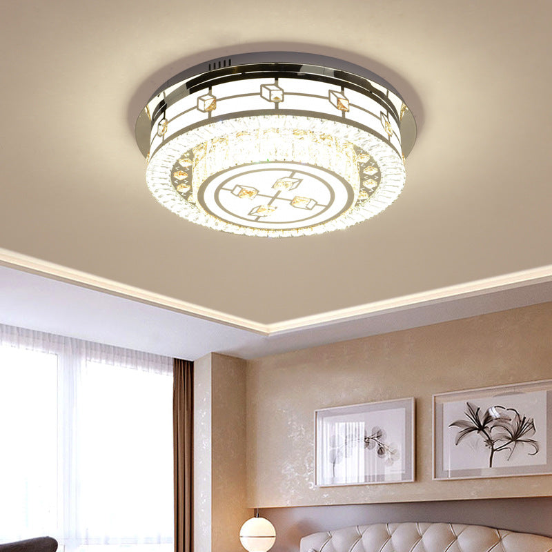 23.5"/31.5" Dia Drum Crystal Ceiling Flush Mount Modernist LED Chrome Flushmount with Diffuser for Living Room Chrome 23.5" Clearhalo 'Ceiling Lights' 'Close To Ceiling Lights' 'Close to ceiling' 'Flush mount' Lighting' 224662