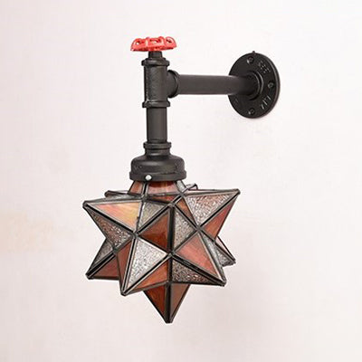 Star Wall Lighting Stained Glass 1 Head Tiffany Rustic Wall Mount Light in Brown/Clear for Restaurant Clearhalo 'Industrial' 'Middle century wall lights' 'Tiffany wall lights' 'Tiffany' 'Wall Lamps & Sconces' 'Wall Lights' Lighting' 22467