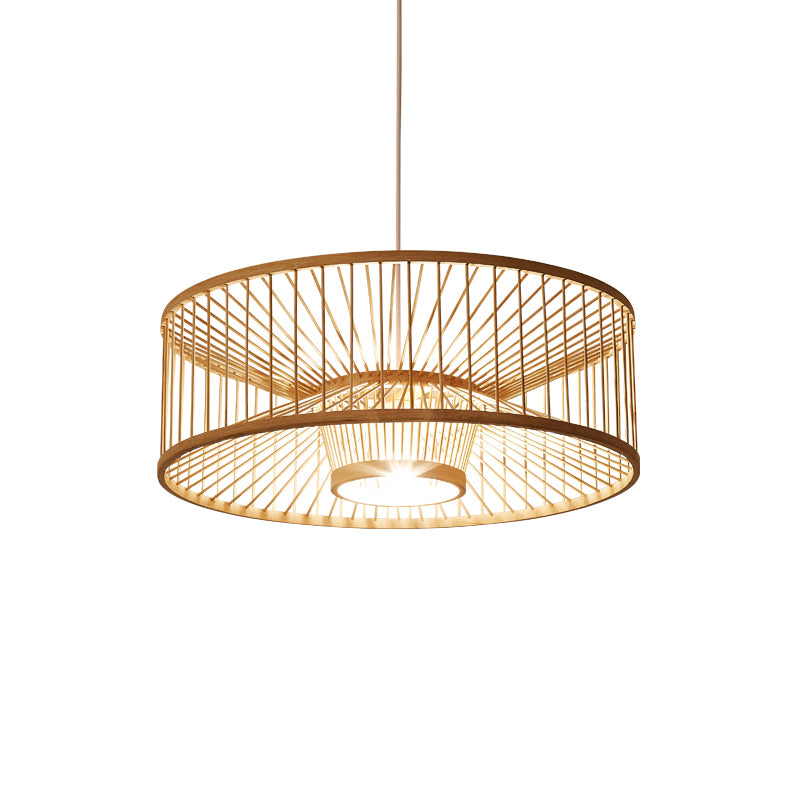 Drum Bamboo Pendant Lighting Contemporary Single-Bulb Wood Suspension Light Fixture Clearhalo 'Ceiling Lights' 'Pendant Lights' 'Pendants' Lighting' 2246783