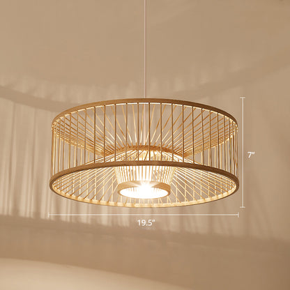 Drum Bamboo Pendant Lighting Contemporary Single-Bulb Wood Suspension Light Fixture Wood Clearhalo 'Ceiling Lights' 'Pendant Lights' 'Pendants' Lighting' 2246784_7ae64e7b-bda9-42cd-820f-0039baae3860