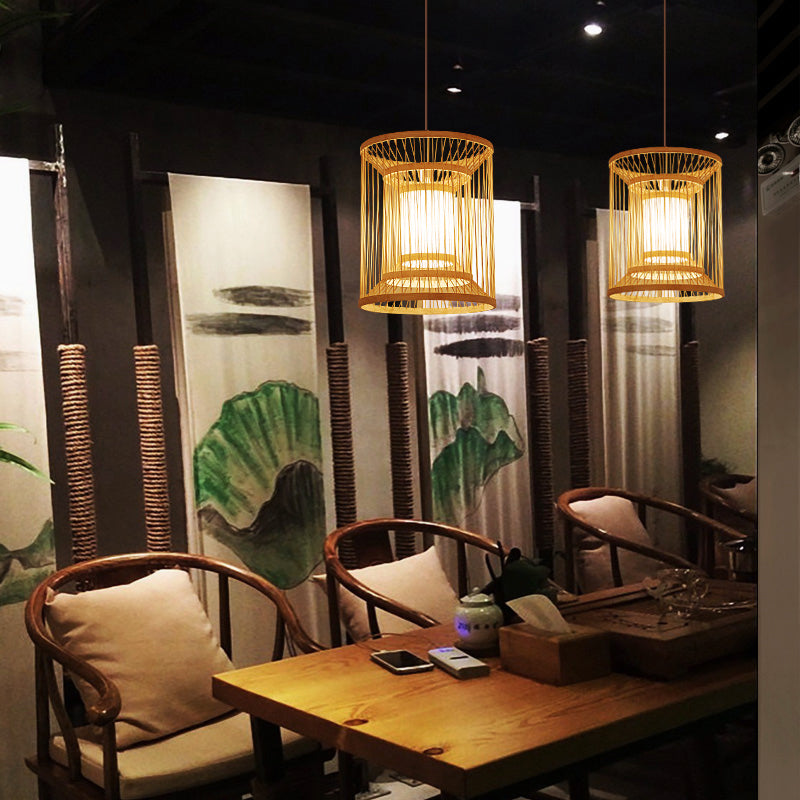 Cylindrical Suspension Light Simplicity Bamboo 1-Light Wood Pendant Light Fixture for Tea Room Clearhalo 'Ceiling Lights' 'Pendant Lights' 'Pendants' Lighting' 2246789