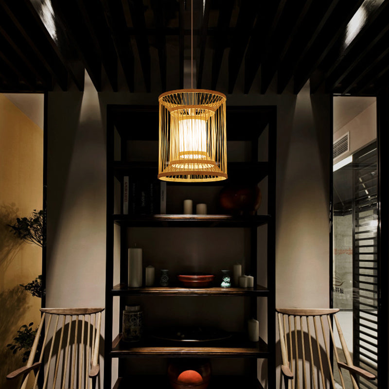 Cylindrical Suspension Light Simplicity Bamboo 1-Light Wood Pendant Light Fixture for Tea Room Clearhalo 'Ceiling Lights' 'Pendant Lights' 'Pendants' Lighting' 2246791